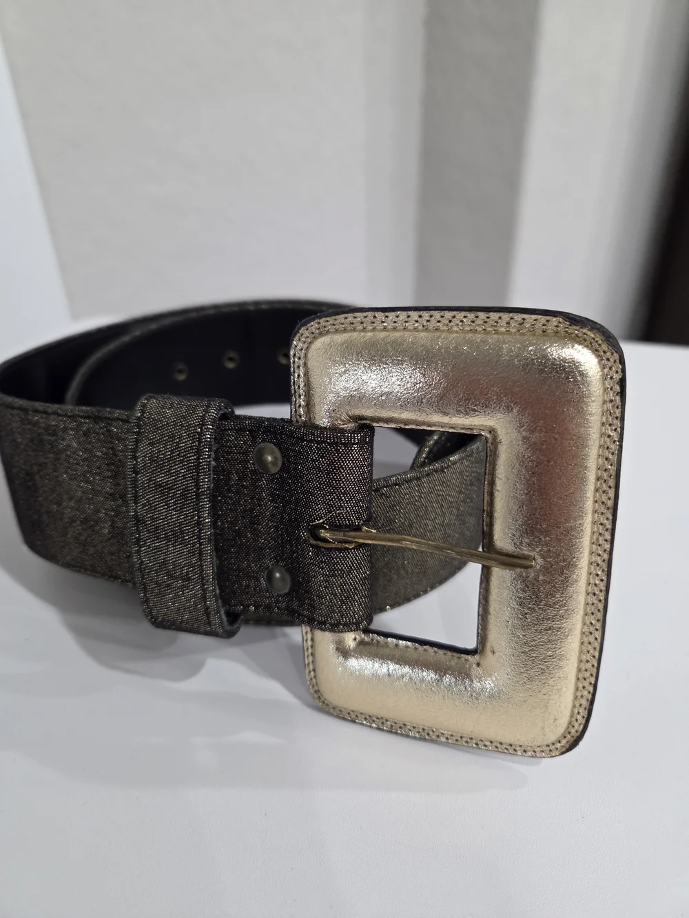 Women's Pewter Metallic Wide Waist  Belt with Square Buckle Size Medium